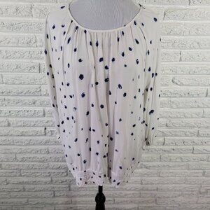 Fred David 2X Women's Top White Blue Watercolor Print Boat Neck WAT22E